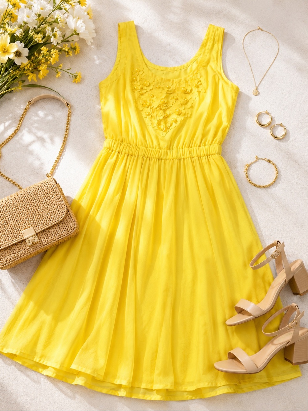 Trina Turk Yellow Floral Appliqué Sleeveless Fit & Flare Dress Size 6